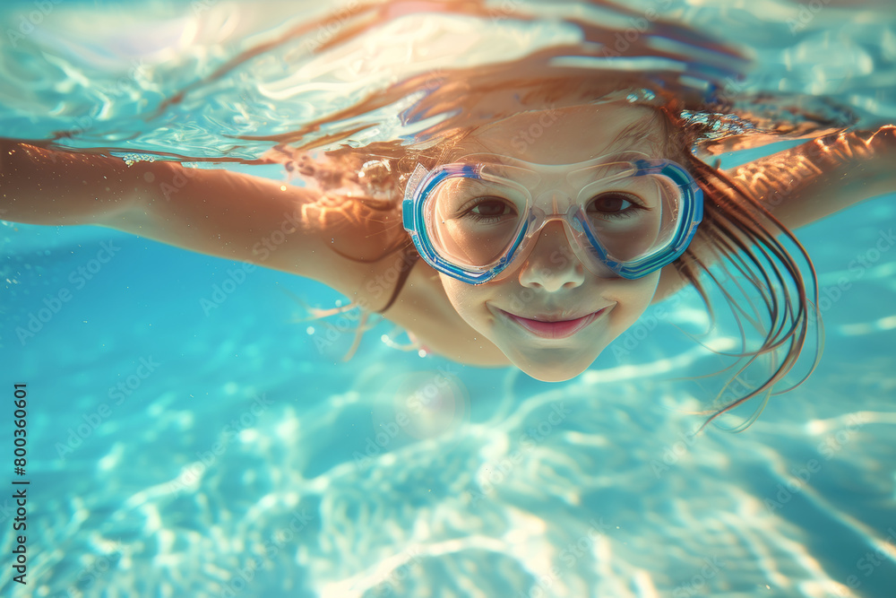 Wall mural underwater view of a little girl swimming in a pool