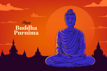 Happy Vesak Day, Buddha Purnima wishes greetings with a Buddha minimal vector illustration. Can be used for posters, banners, greetings, and print design