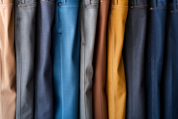 Displaying a wide variety of symmetrical and assorted trousers collection in various colors and fabrics at a retail clothing store