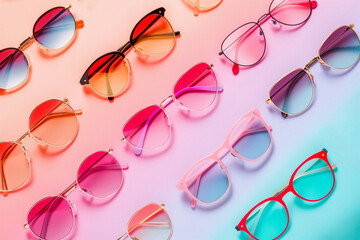 Vibrant flat lay of stylish sunglasses with various frame designs on a pink and blue backdrop