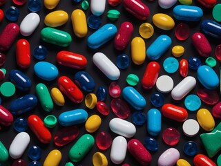 A mesmerizing display of multicolored pills and capsules dancing in the air, symbolizing the abundance of pharmaceutical choices.