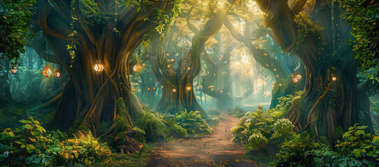 A fantasy forest with giant trees, a dirt path down the center of the frame and magical lights hanging from tree branches. Generative Ai Image. - Powered by Adobe