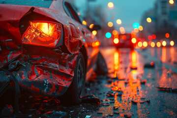 Damaged car with broken lights on a rainy city street, depicting a traffic accident.