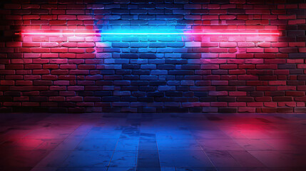 Red and blue neon lights on a brick wall background, night club stage design. Generative Ai Image.