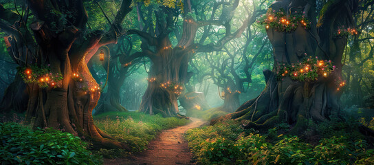 A fantasy forest with giant trees, a dirt path down the center of the frame and magical lights hanging from tree branches. Generative Ai Image.