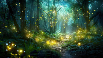 Mystical forest with glowing fireflies and magical creatures, fantasy landscape. Generative Ai...