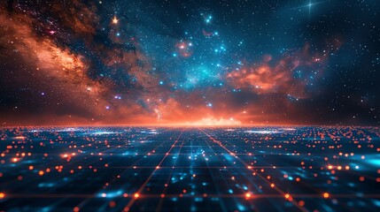 Neon grid landscape, a classic representation of a digital world with a grid extending to the horizon under a starry cybernetic sky
