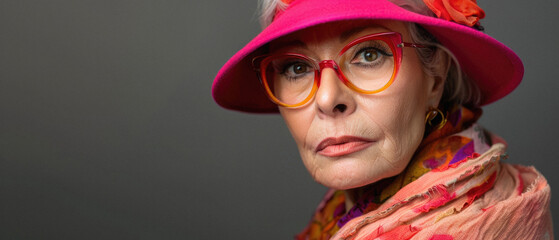Stylish cool senior older woman, funky mature elder lady fashion model grandma of old age wearing bright color clothes, hat and glasses looking at camera posing for portrait.