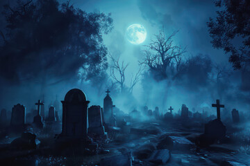 A spooky graveyard at night with tombstones, fog, and ominous moonlight casting eerie shadows. Generative Ai Image.