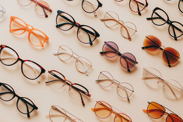Collection of fashionable eyeglasses and sunglasses arranged neatly on a minimalist backdrop