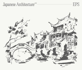 Japanese traditional architecture and bridge. Hand drawn vector illustration, sketch.