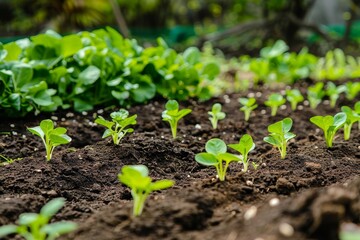 Young plants in a garden waiting to be planted in soil.