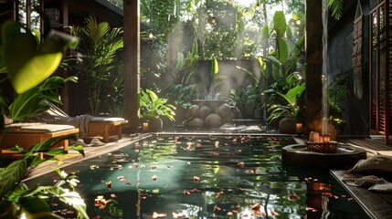 Guests enjoying a traditional Thai herbal steam bath in a spa setting, surrounded by lush greenery and natural elements. - obrazy, fototapety, plakaty