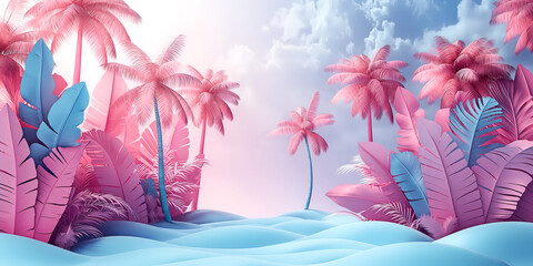 pastel colored tropical island with palm trees, abstract wallpaper artwork