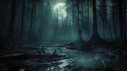 Dark forest with moonlight shining through the trees, dark swampy river running in middle. Generative Ai Image.