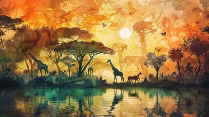 A colorful African sunset paints the sky as silhouettes of giraffes and other wildlife gather by the water, creating a peaceful scene