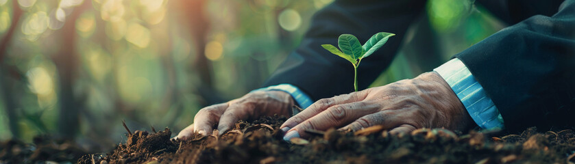 A businessman gently caring for a seedling, representing his commitment to sustainability and corporate responsibility