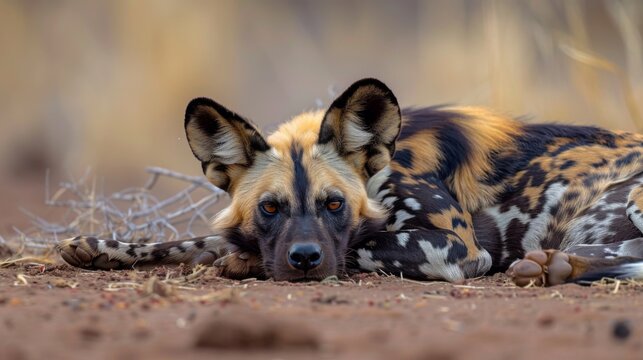 An African wild dog, also known as a painted wolf, is captured resting on the ground with its prominent ears and mottled fur on display