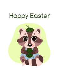 Illustration of a cute raccoon in a blue suit on a light green background with a green Easter egg in his hand. For postcards