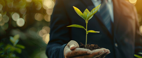 A businessman gently caring for a seedling, representing his commitment to sustainability and corporate responsibility