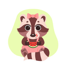 Raccoon in a pink jumpsuit with a bow tasting watermelon