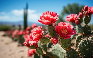 Pink cactus flowers in bloom with a clear sky