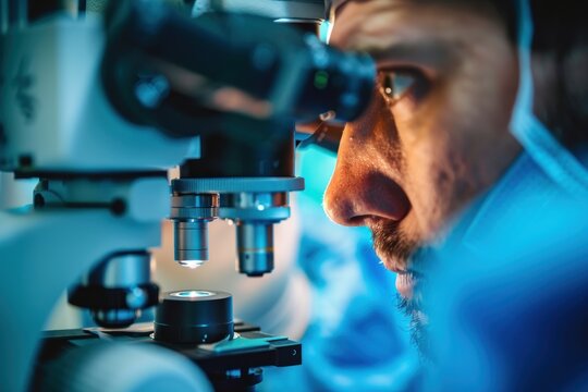A scientist looking through a microscope in a lab. Eye surgery concept.