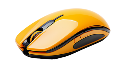 A bright yellow computer mouse rests on a clean white surface on transparent background