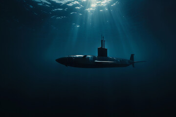 A modern submarine submerged in the deep ocean, emphasizing its sleek, stealthy design and advanced technology that allows it to operate undetected - Generative AI