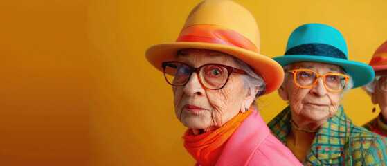 Stylish cool senior older woman, funky mature elder lady fashion model grandma of old age wearing bright color clothes, hat and glasses looking at camera posing for portrait.