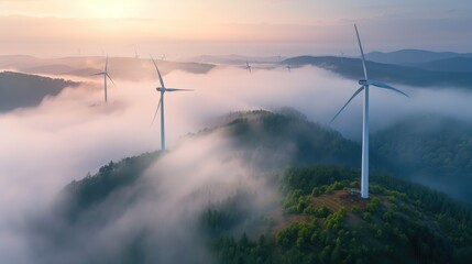 Whispers of the Wind: Aerial View of Misty Turbines