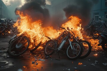 Explosive Scene: Electric Bicycles Blaze Up in Parking Area