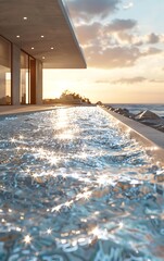 Swimming pool in luxury villa on the beach at sunset.