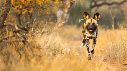 This image captures an African wild dog trotting along a winding trail surrounded by autumn colors