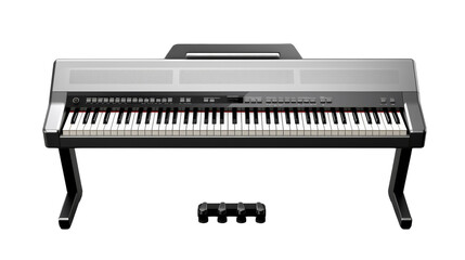 A black stand supports a white keyboard of a grand piano on transparent background