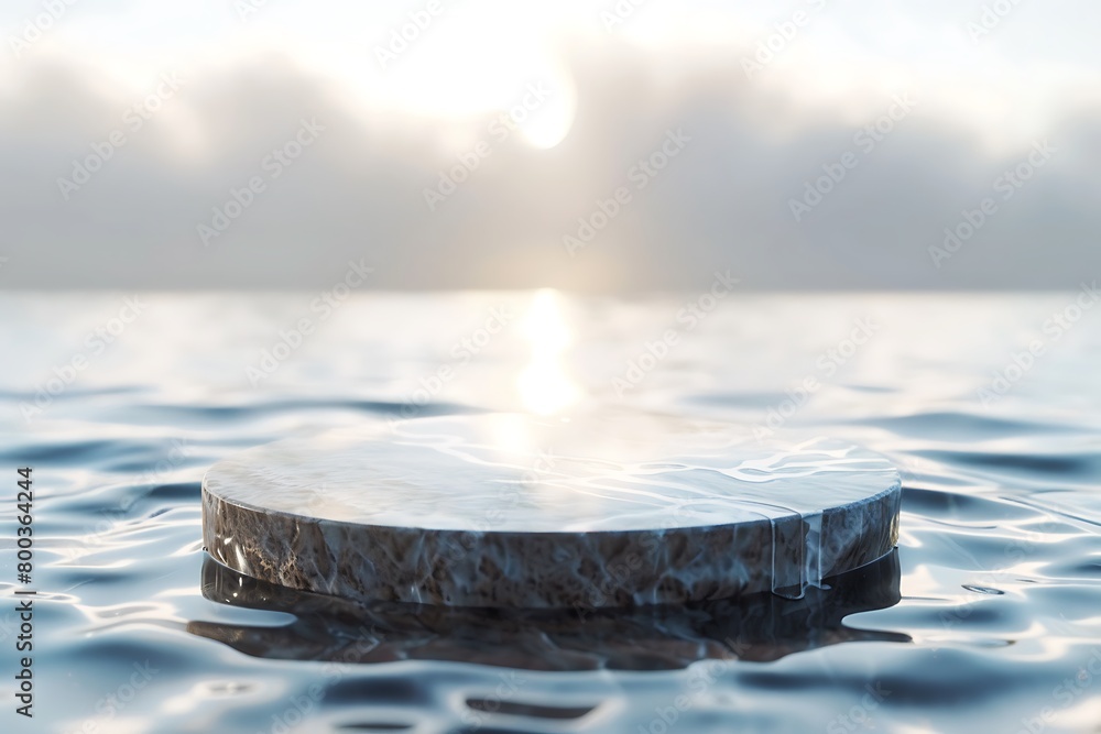 Poster empty round marble platform on the water surface. 3d rendering.