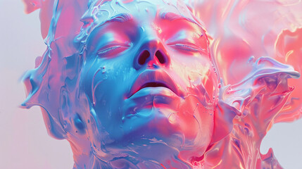 A digital artwork featuring a face with melting features, draped in a seamless pinkblue gradient, encapsulating a surreal and ethereal vibe