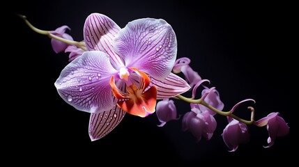 Orchid in a dark background, up close. The petals wet and glistening in the light.