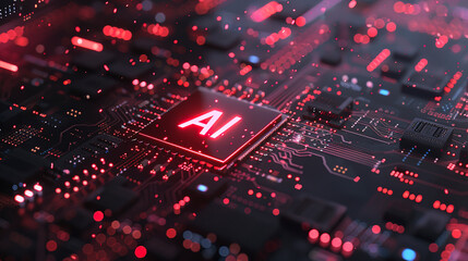 3D rendering of glowing "AI" icon on futuristic circuit board