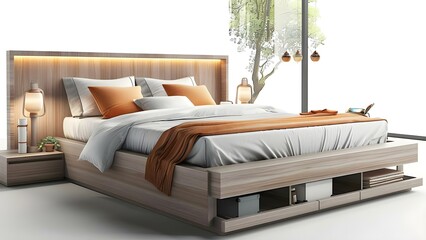 Maximizing Space and Organization with a Platform Bed Featuring Built-in Storage Unit. Concept Platform Bed, Storage Unit, Organization, Space Maximization, Furniture Design