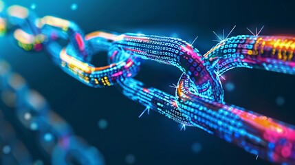 Abstract blockchain network concept with distributed ledger technology, computer connections, and blockchain text on colorful background