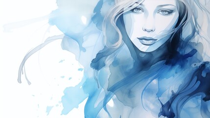 a painting artist painting girl woman  walking along blue sky flora face on white background