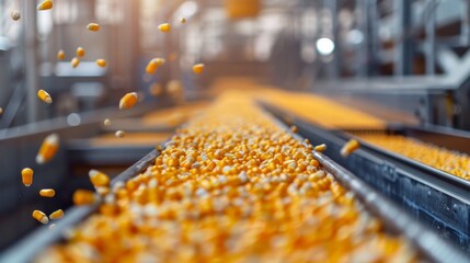 Industrial conveyor belt transporting corn for processing and packaging, focusing on movement and machinery.
