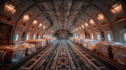 Obraz premium Inside view of a cargo airplane's hold filled with commercial goods secured for international delivery.