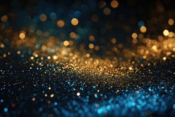 abstract glitter lights. gold, blue and black blur on black background