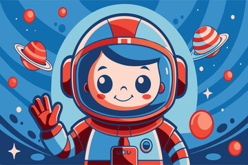 A cartoon of a girl in a space suit waving to the camera