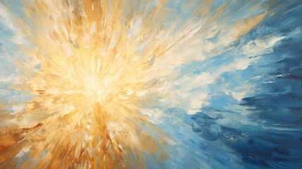 Closeup of abstract rough gold blue sun explosion painting texture, with oil brushstroke, pallet knife paint on canvas - Art background illustration