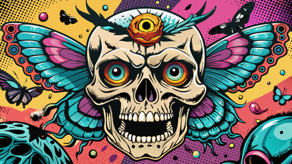 Obraz premium A vibrant skull in the centre, decorated with a pattern of colourful butterfly wings on either side of the head. The background is interspersed with various bubble shapes and smaller butterflies.AI ge