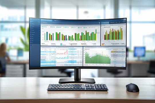 big widescreen monitor with charts and management dashboard in front of office desk professional photography