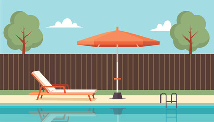 Swimming pool background in flat style. Swimming pool in hotel or resort with parasol and beach chair. Vector stock